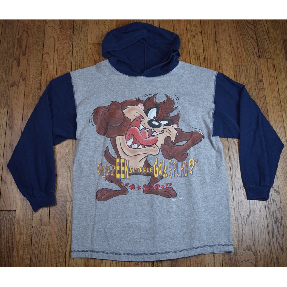 Rare Vintage 90s Taz Devil Warner Bros Looney Tunes Hooded Shirt Men's Sz Large